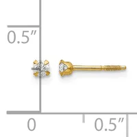 A pair of gold stud earrings with small diamond stones in a four-prong setting, shown front and side view with a measurement scale indicating approximately 0.5 inches in length.
