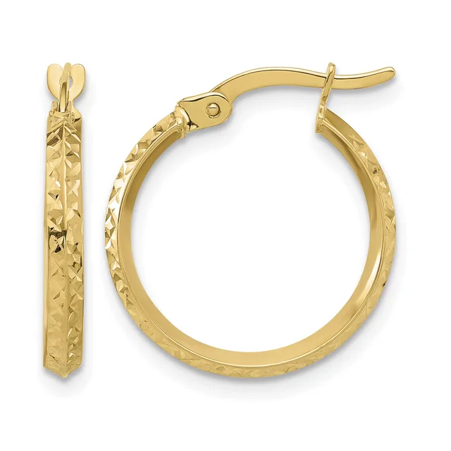 A pair of gold hoop earrings with a textured diamond-cut surface and hinged closures, shown from front and side views.