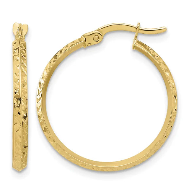 A pair of gold hoop earrings with a textured diamond-cut surface finish, shown from the front and side views.
