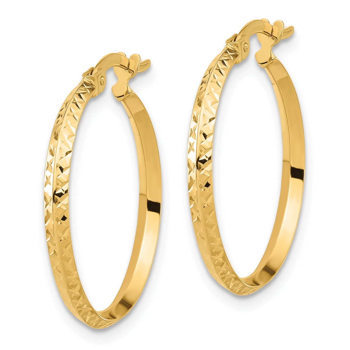 A pair of gold hoop earrings with diamond-cut texture on the outer surface and smooth polished finish on the inner surface, shown from above against a white background.