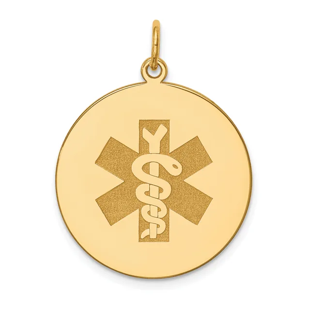 Gold circular pendant with a medical caduceus symbol featuring a cross and intertwined serpents in the center, suspended from a small loop at the top.