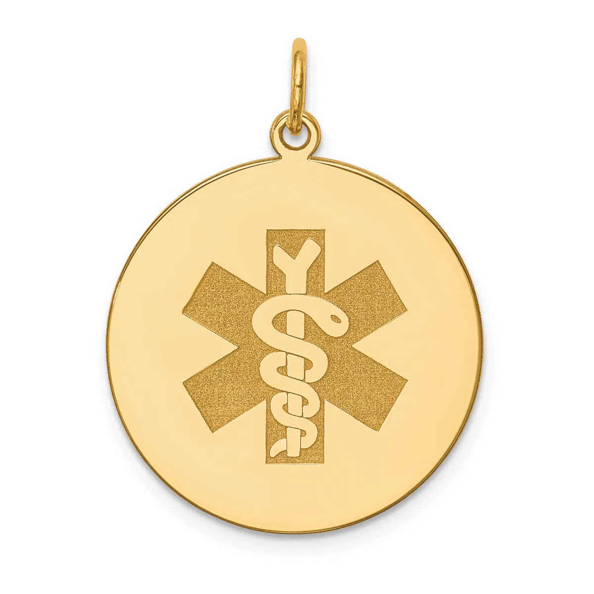 Gold circular pendant with a medical caduceus symbol featuring a cross and intertwined serpents in the center, suspended from a small loop at the top.