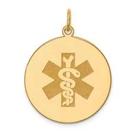 Gold circular pendant with a medical caduceus symbol featuring a cross and intertwined serpents in the center, suspended from a small loop at the top.