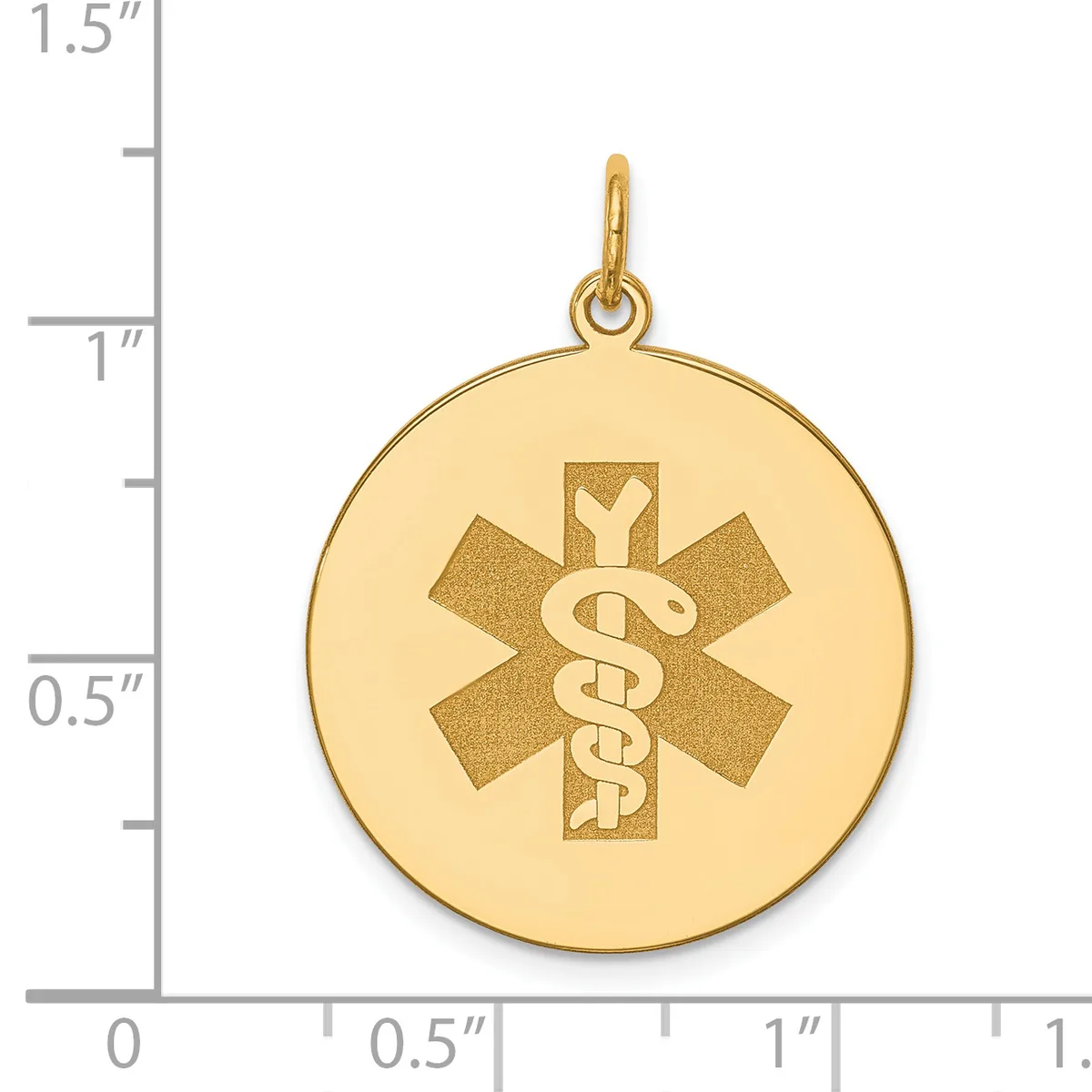 Gold round medical alert pendant with a caduceus symbol centered on the disc, shown next to a ruler measuring approximately one inch in diameter.