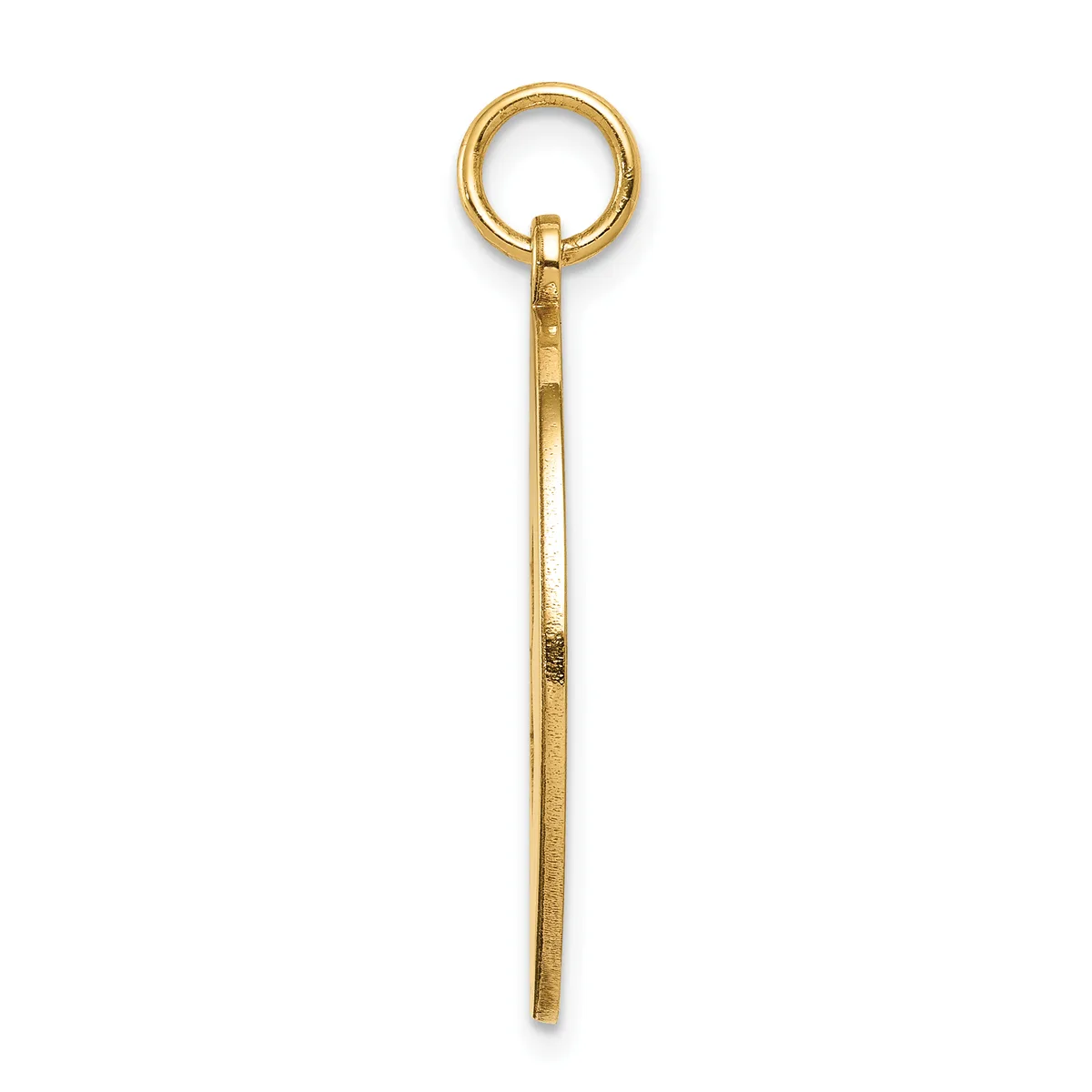 A long gold-toned metal pendant with a round loop at the top and a tapered rod extending downward, shown against a white background.