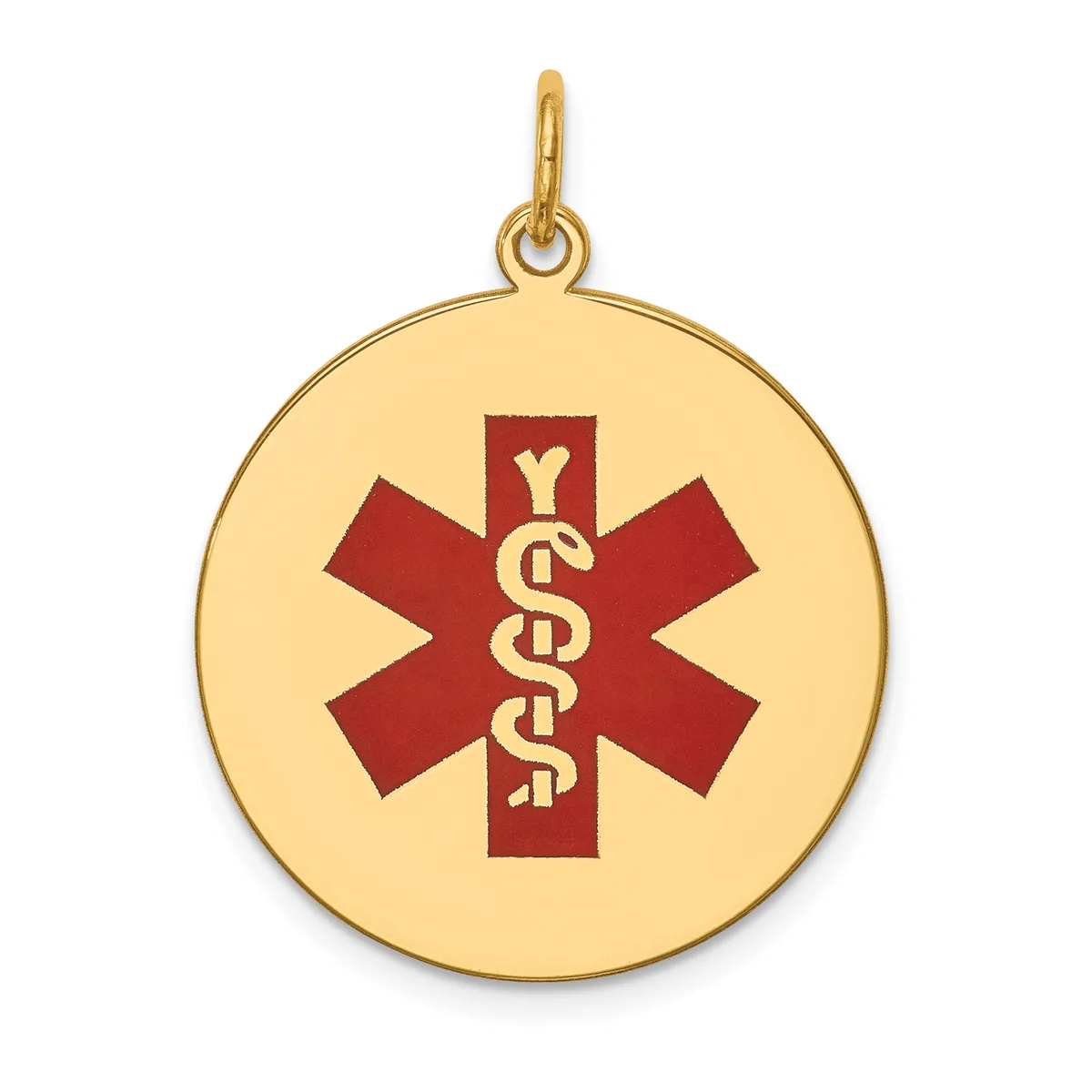Gold circular pendant with a red medical caduceus symbol featuring a staff with two intertwined snakes on a cross, suspended from a gold bail loop.