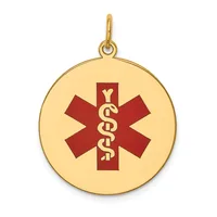 Gold circular pendant with a red medical caduceus symbol featuring a staff with two intertwined snakes on a cross, suspended from a gold bail loop.