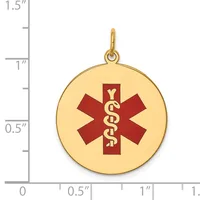 Gold-colored circular medical alert pendant with red star of life symbol and caduceus, shown next to ruler indicating approximately one inch diameter.