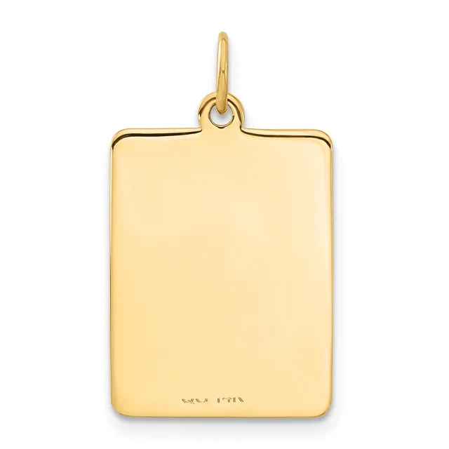 A polished gold rectangular pendant with rounded corners and a loop bail at the top, shown against a white background.
