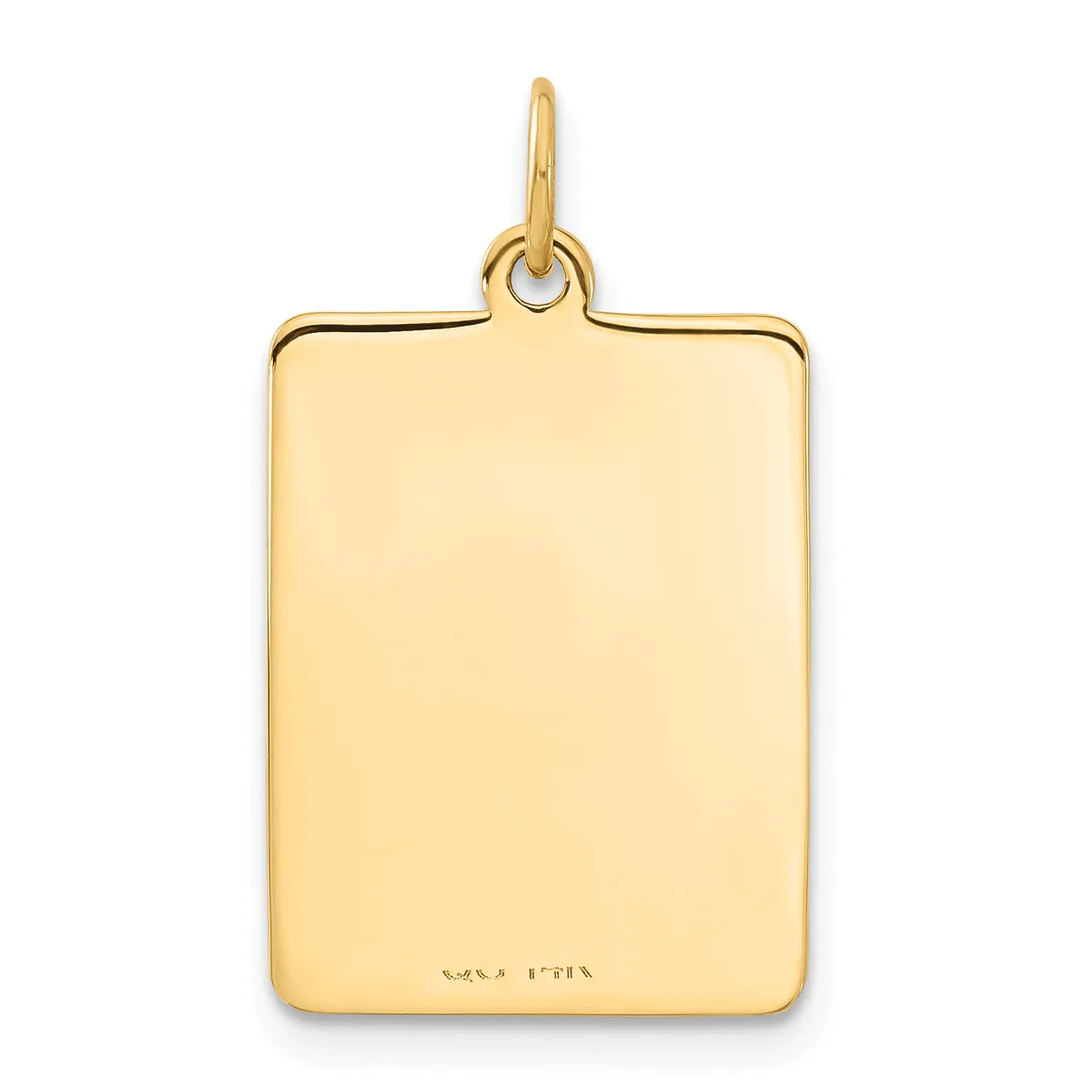 A polished gold rectangular pendant with rounded corners and a loop bail at the top, shown against a white background.