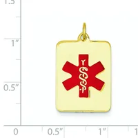 Gold rectangular medical alert pendant with rounded corners and red enamel Star of Life symbol, shown with a measurement scale indicating approximately one inch width.