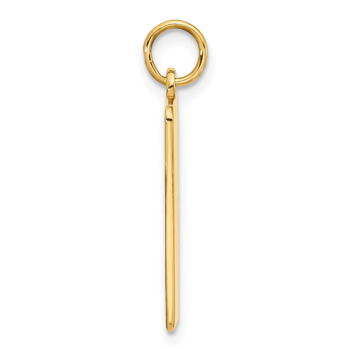 A gold-toned metal keychain with a circular ring at the top connected to a long tapered rod pendant.