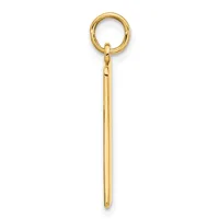 A gold-toned metal keychain with a circular ring at the top connected to a long tapered rod pendant.