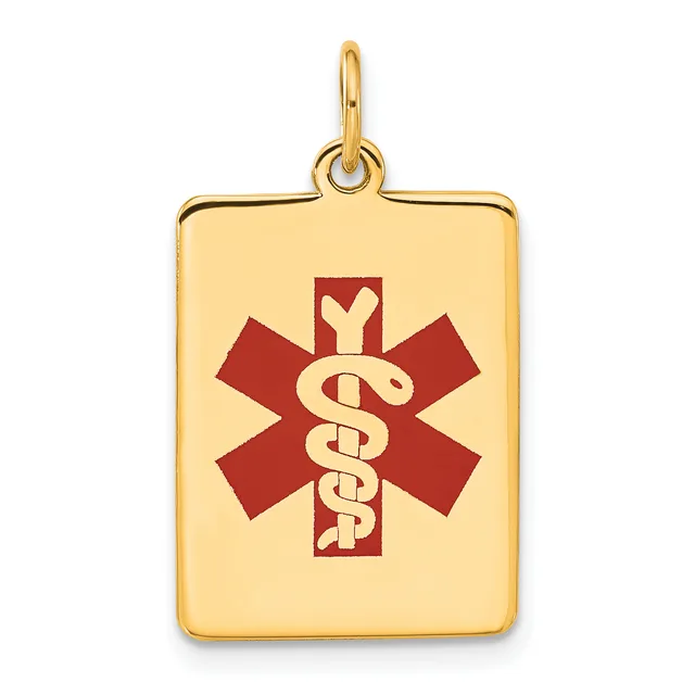 Gold rectangular pendant with rounded corners and a loop bail, featuring a red medical symbol with a serpent staff centered on the face.