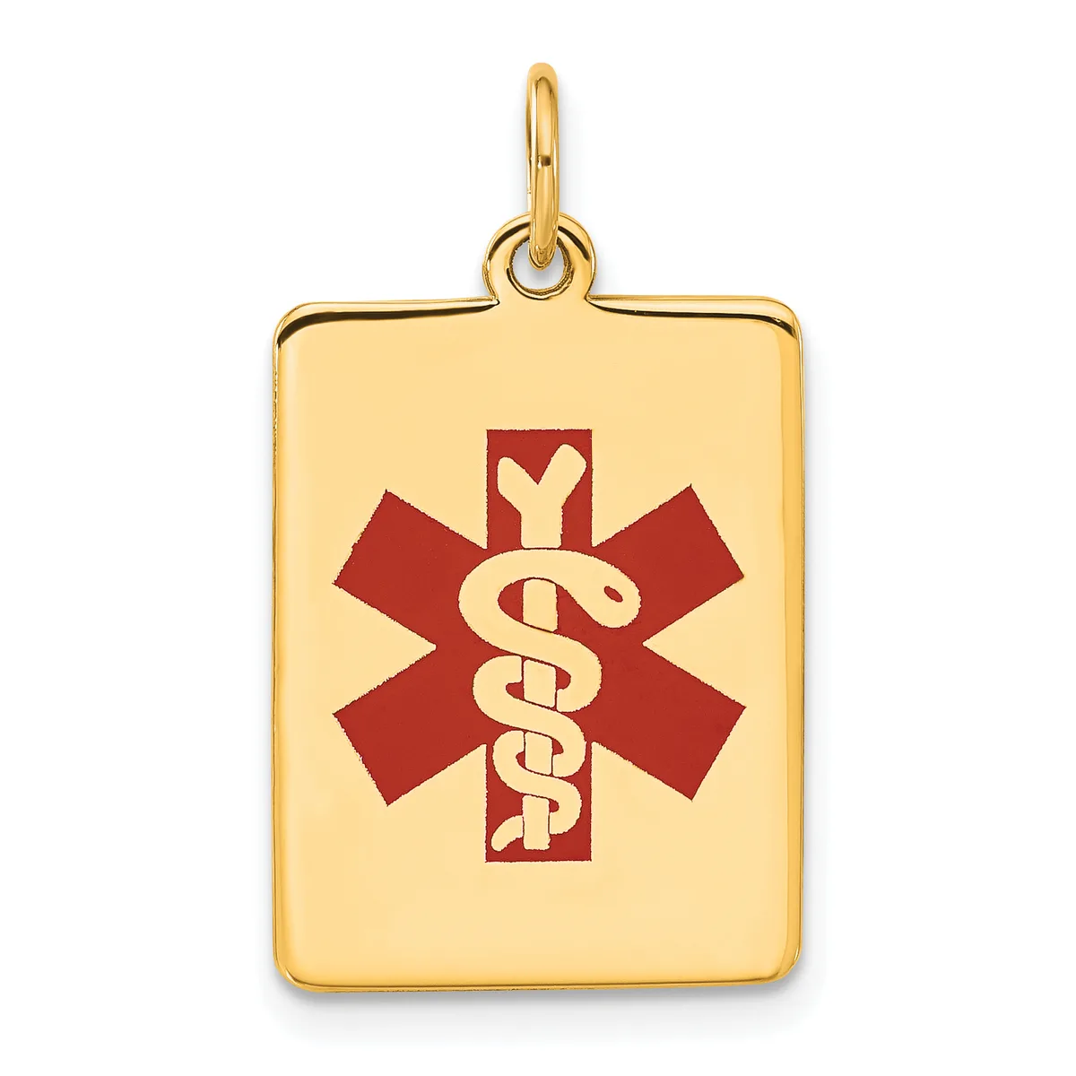 Gold rectangular pendant with rounded corners and a loop bail, featuring a red medical symbol with a serpent staff centered on the face.