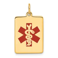 Gold rectangular pendant with rounded corners and a loop bail, featuring a red medical symbol with a serpent staff centered on the face.