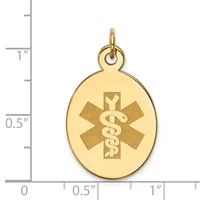 Gold-toned oval medical alert pendant with star of life symbol and caduceus, shown next to a ruler indicating approximately one inch in height.