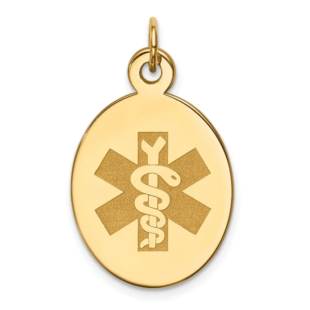 Gold oval pendant with a medical caduceus symbol featuring a star of life background, suspended from a small loop bail.