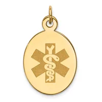 Gold oval pendant with a medical caduceus symbol featuring a star of life background, suspended from a small loop bail.