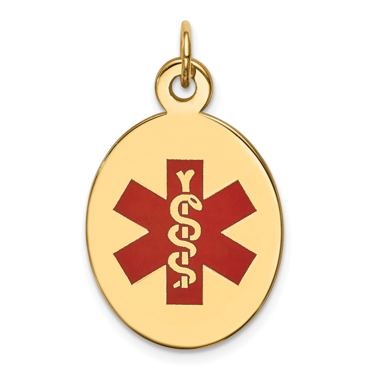 Gold oval medical alert pendant with red enamel star of life symbol and intertwined snakes, suspended from a small loop.