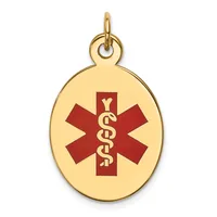 Gold oval medical alert pendant with red enamel star of life symbol and intertwined snakes, suspended from a small loop.