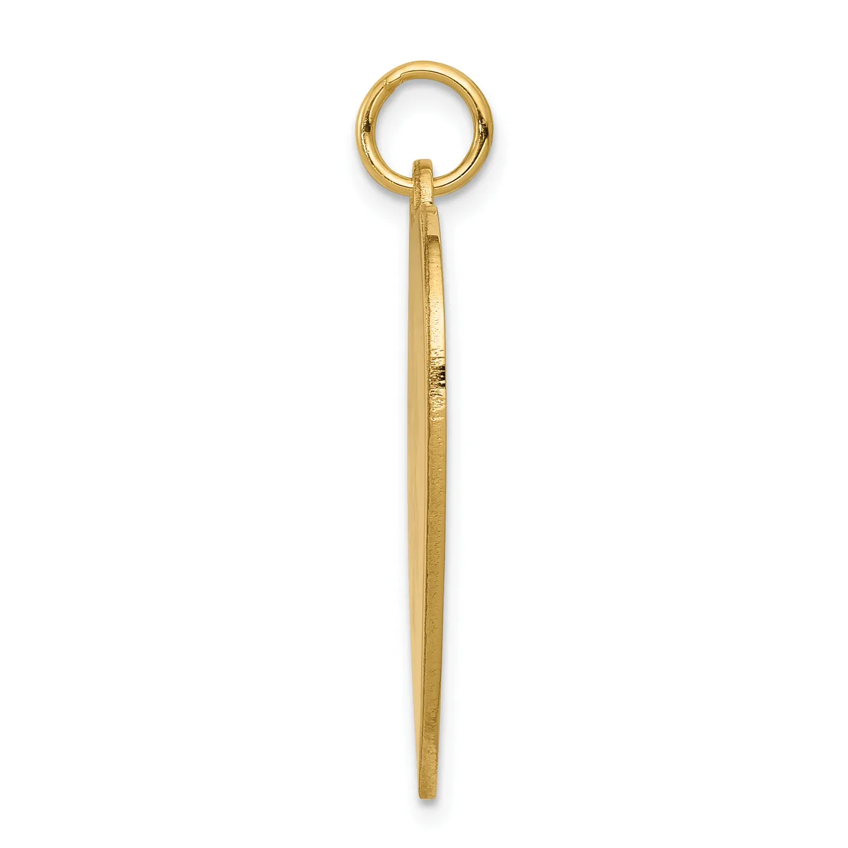 A long, slender gold pendant with a polished finish, featuring a small ring loop at the top and tapering to a point at the bottom.