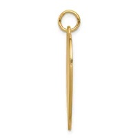 A long, slender gold pendant with a polished finish, featuring a small ring loop at the top and tapering to a point at the bottom.