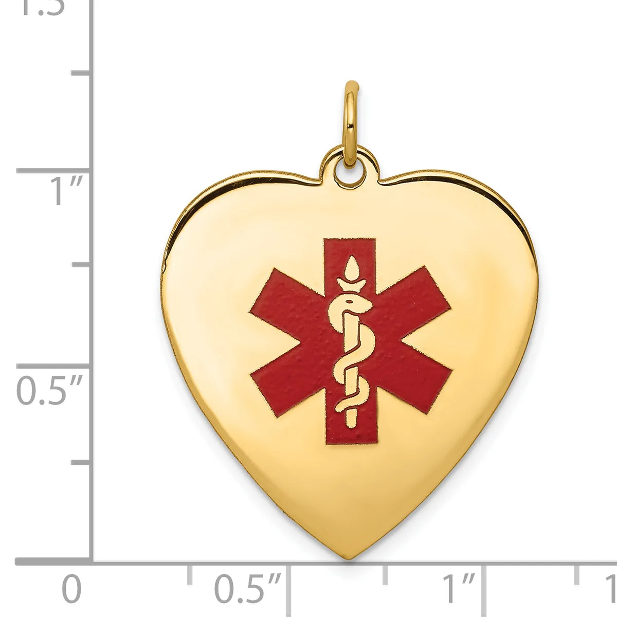 Gold heart-shaped medical alert pendant with red enamel Star of Life symbol and snake staff, shown next to a ruler measuring approximately one inch wide.