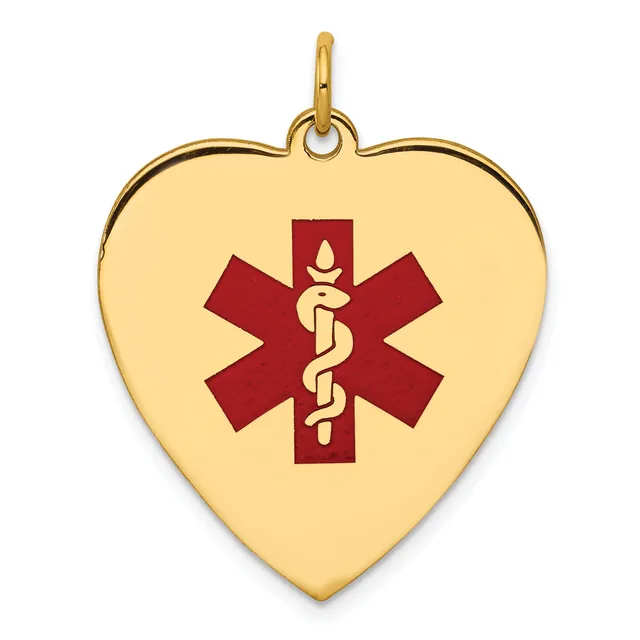 Gold heart-shaped pendant with a red medical symbol featuring a snake and staff centered on the face.