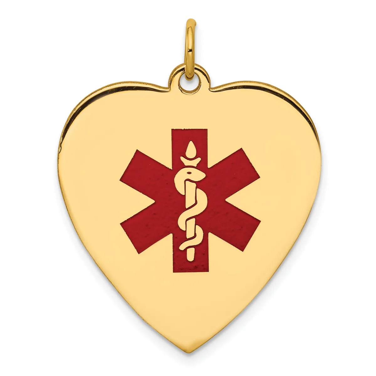 Gold heart-shaped pendant with a red medical symbol featuring a snake and staff centered on the face.