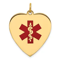 Gold heart-shaped pendant with a red medical symbol featuring a snake and staff centered on the face.
