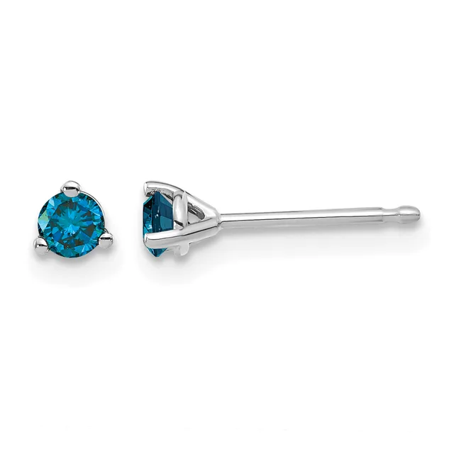 Pair of silver stud earrings with round brilliant-cut blue topaz stones set in three-prong settings, shown from front and side views.