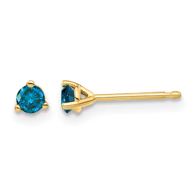 A pair of gold stud earrings with round blue gemstones set in three-prong settings, shown from front and side views.
