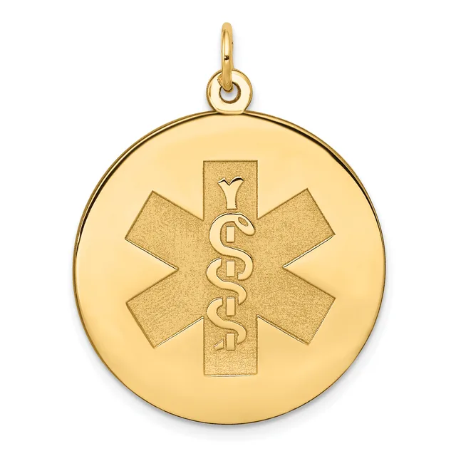 Gold medical alert pendant featuring a star of life symbol with intertwined snakes on a circular disc, suspended from a bail loop.