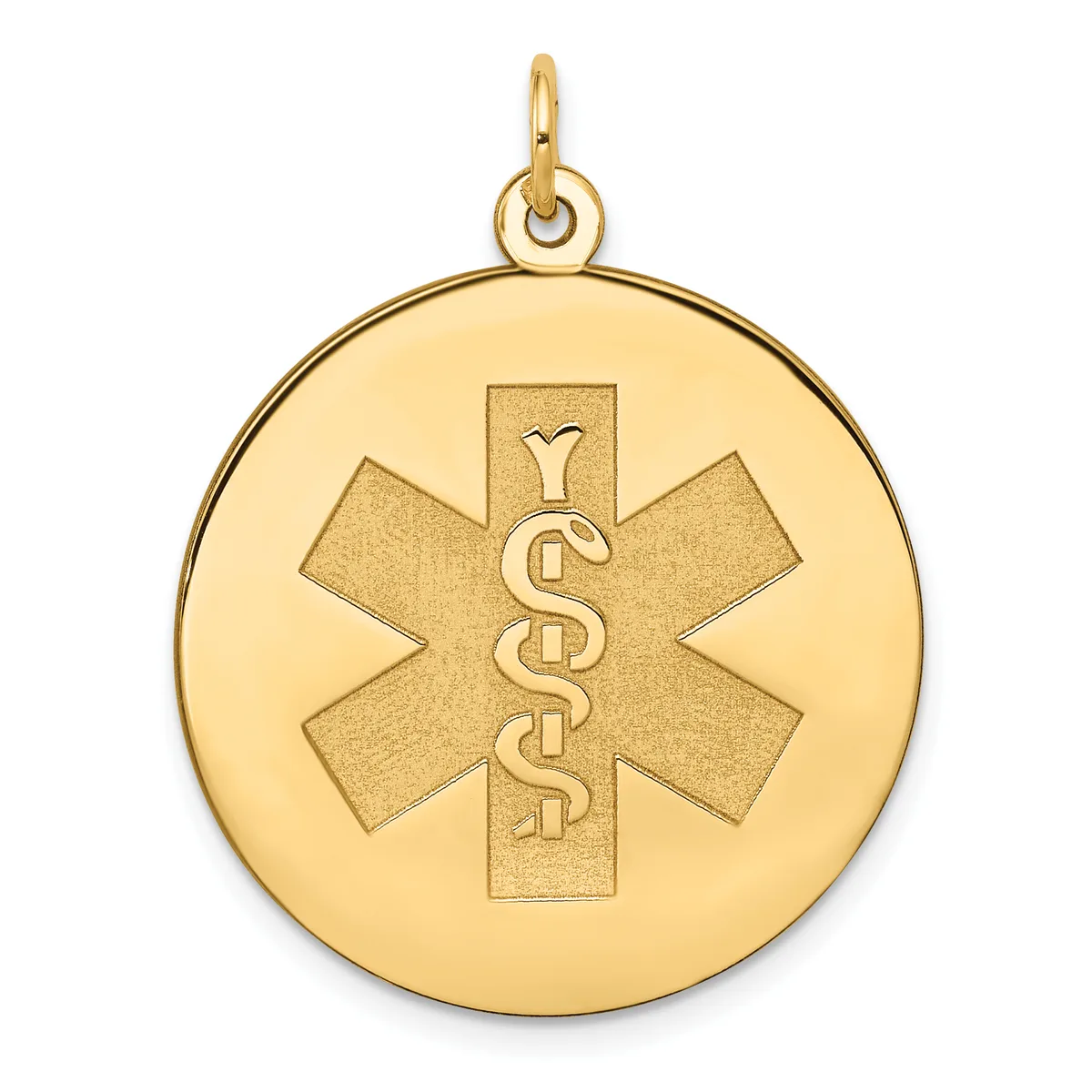 Gold medical alert pendant featuring a star of life symbol with intertwined snakes on a circular disc, suspended from a bail loop.
