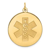 Gold medical alert pendant featuring a star of life symbol with intertwined snakes on a circular disc, suspended from a bail loop.
