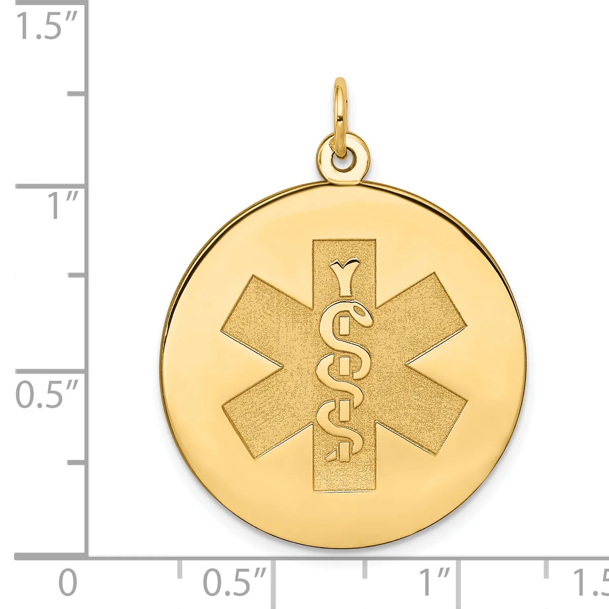 Gold circular medical alert pendant featuring a caduceus symbol centered on the disc, with an attached bail, shown against a measurement scale.