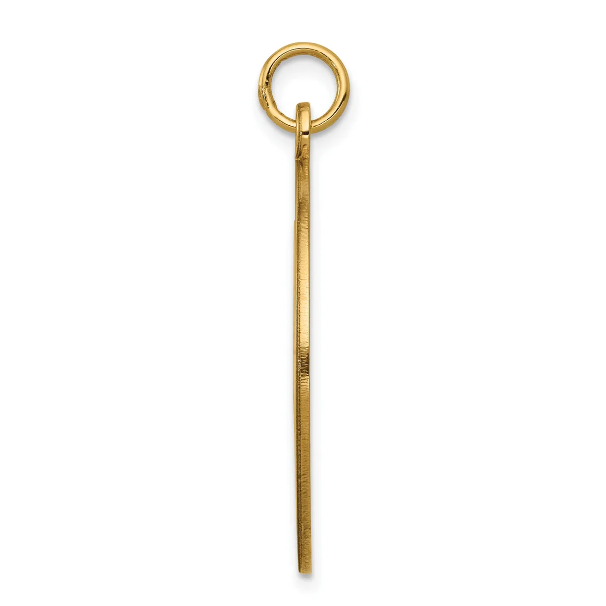 A long, slender gold pendant with a round loop at the top and a tapered rod extending downward, shown against a white background.