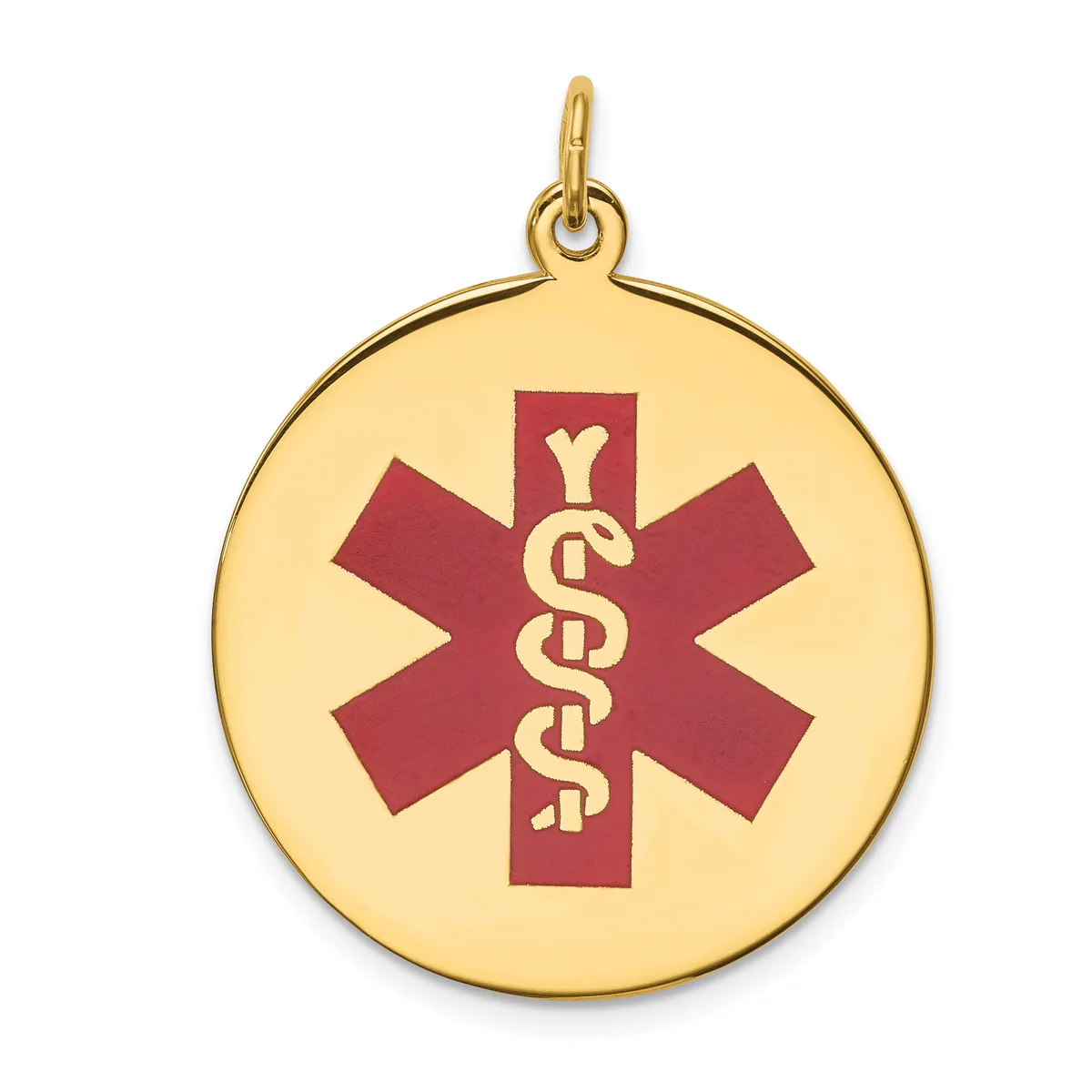 Gold-colored circular medical alert pendant with a red cross and intertwined serpent symbol in the center, suspended from a small loop.