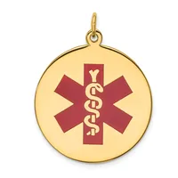 Gold-colored circular medical alert pendant with a red cross and intertwined serpent symbol in the center, suspended from a small loop.