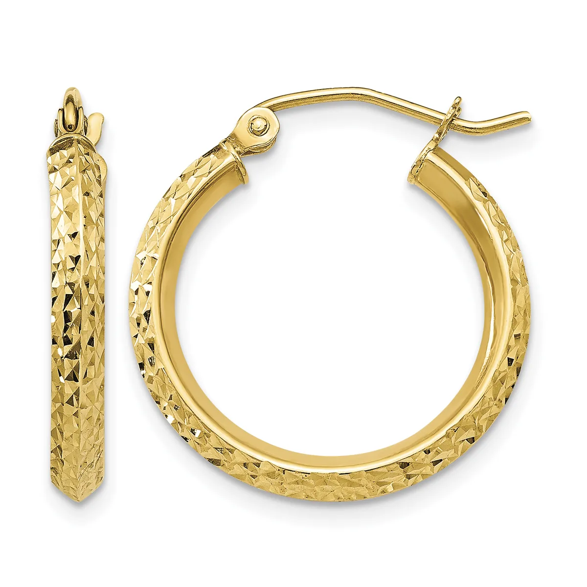Pair of gold hoop earrings with textured diamond-cut surface finish, shown from front and side views.