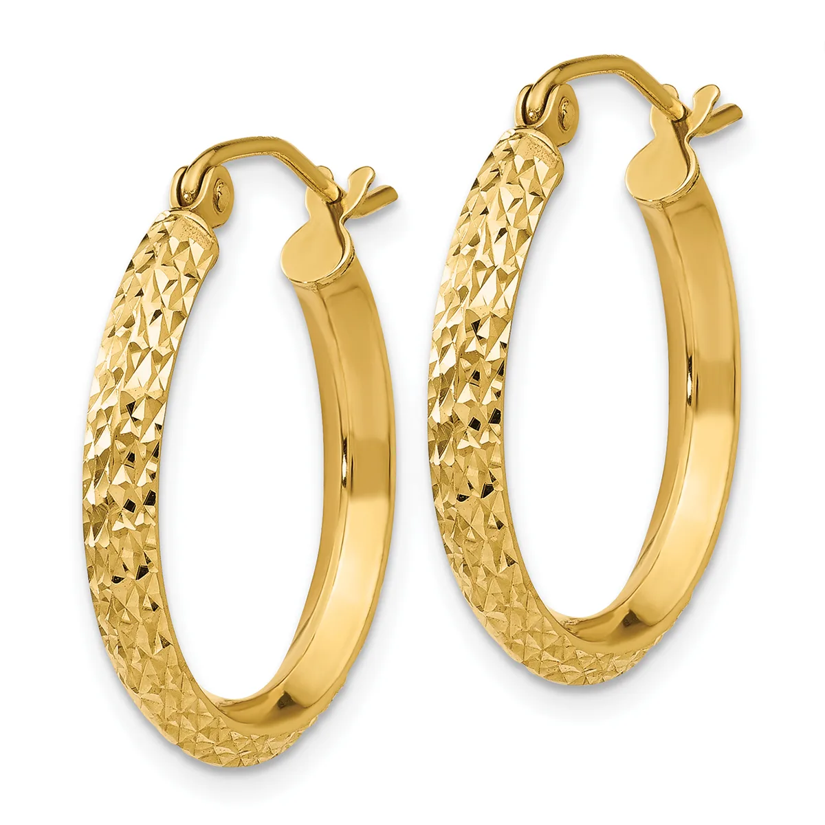 Pair of gold hoop earrings with textured diamond-cut finish on the outer surface and polished flat inner surface, shown against a white background.