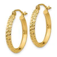 Pair of gold hoop earrings with textured diamond-cut finish on the outer surface and polished flat inner surface, shown against a white background.