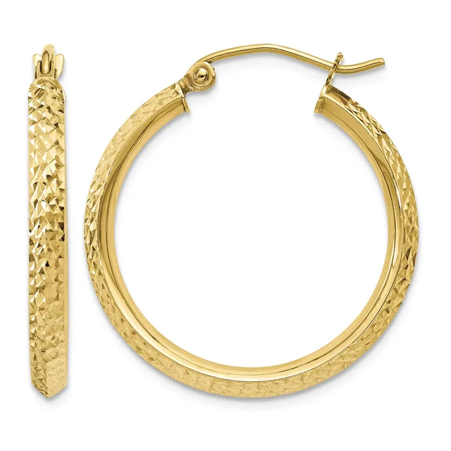 A pair of gold hoop earrings with a textured diamond-cut surface, shown from the front and side view with posts and backs visible.