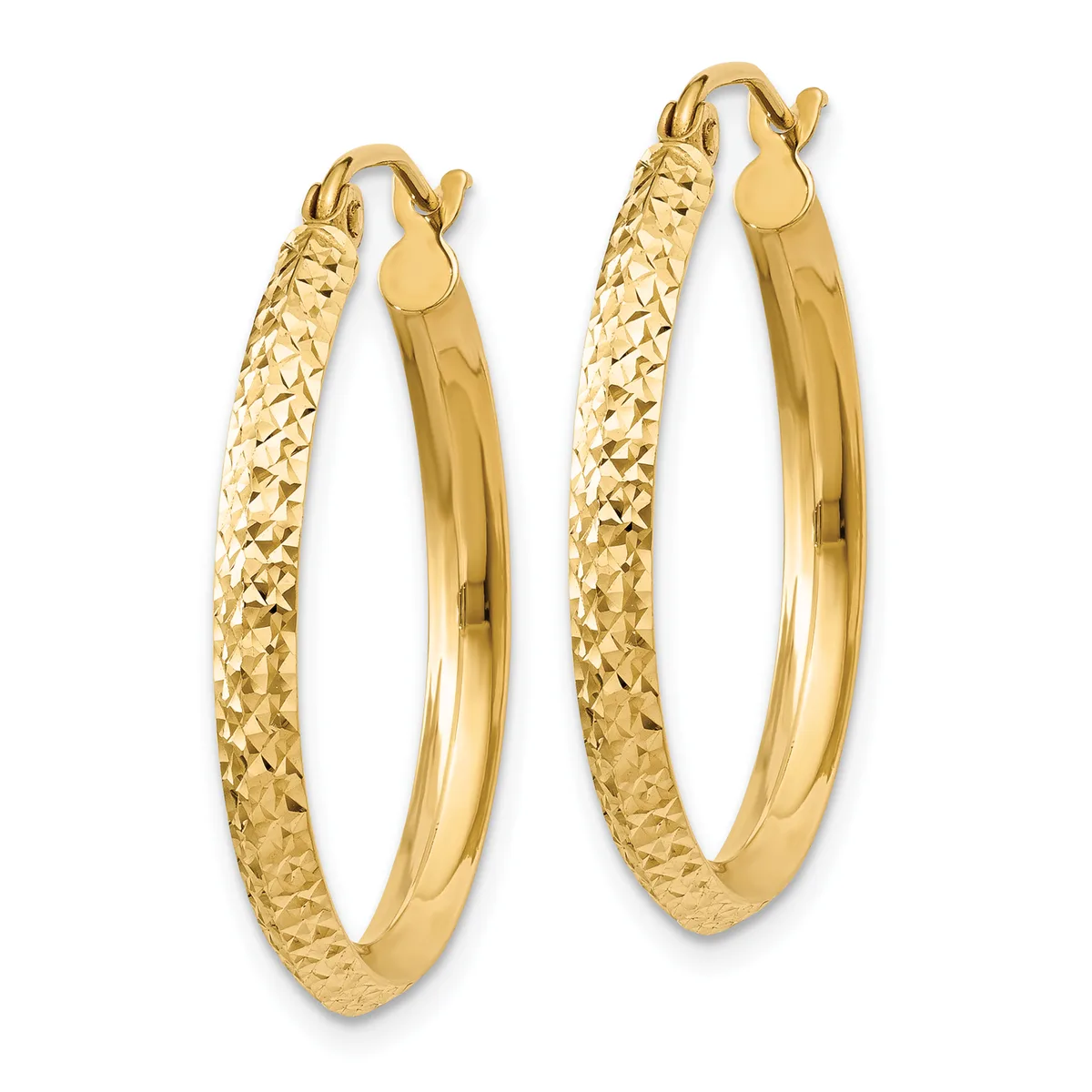 A pair of gold hoop earrings with textured outer surfaces and polished inner surfaces, displayed side by side against a white background.