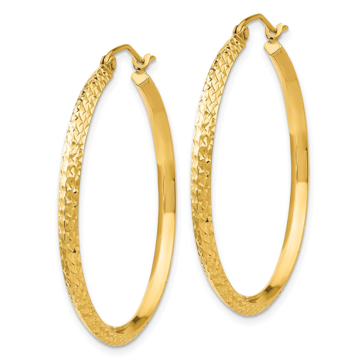 A pair of gold hoop earrings with textured outer surfaces and polished inner surfaces, shown against a white background.