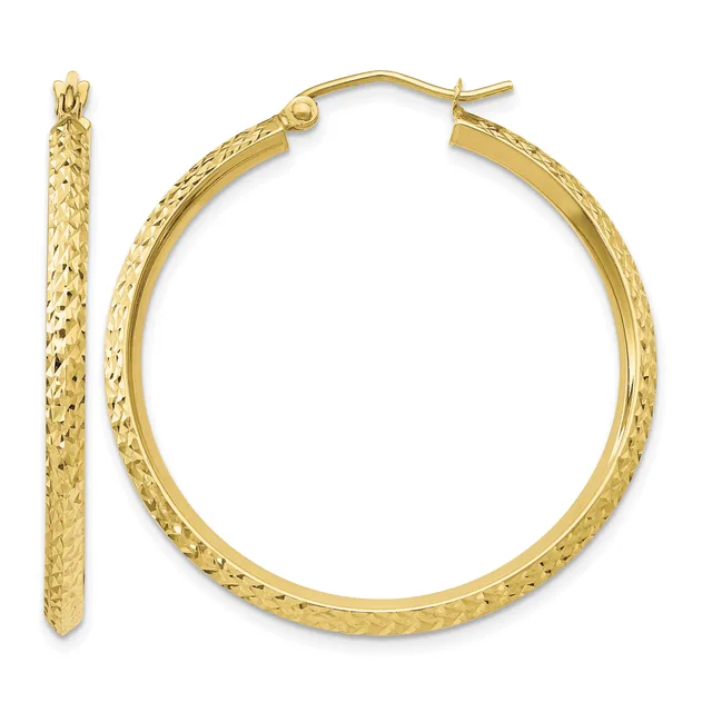 A pair of gold hoop earrings with a textured hammered finish, shown from the front and side views.