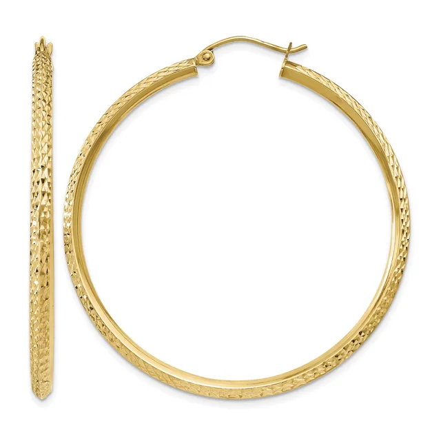 A pair of gold hoop earrings with a textured diamond-cut surface shown from the front and side view.