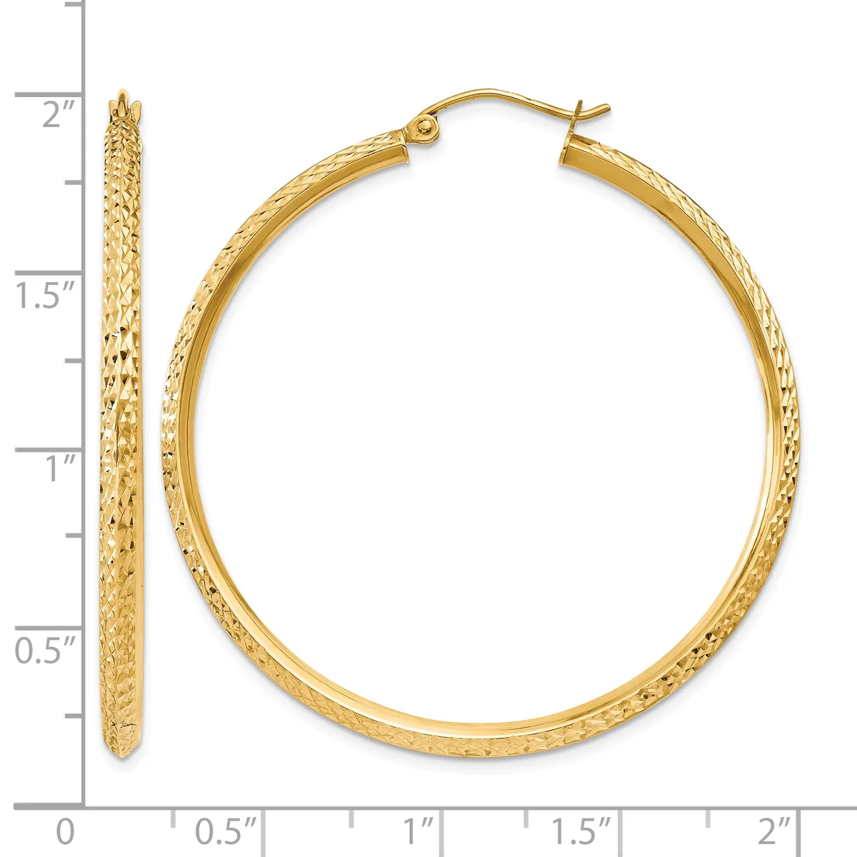 Gold-tone textured hoop earrings displayed against a measurement ruler showing approximately two inches in length.