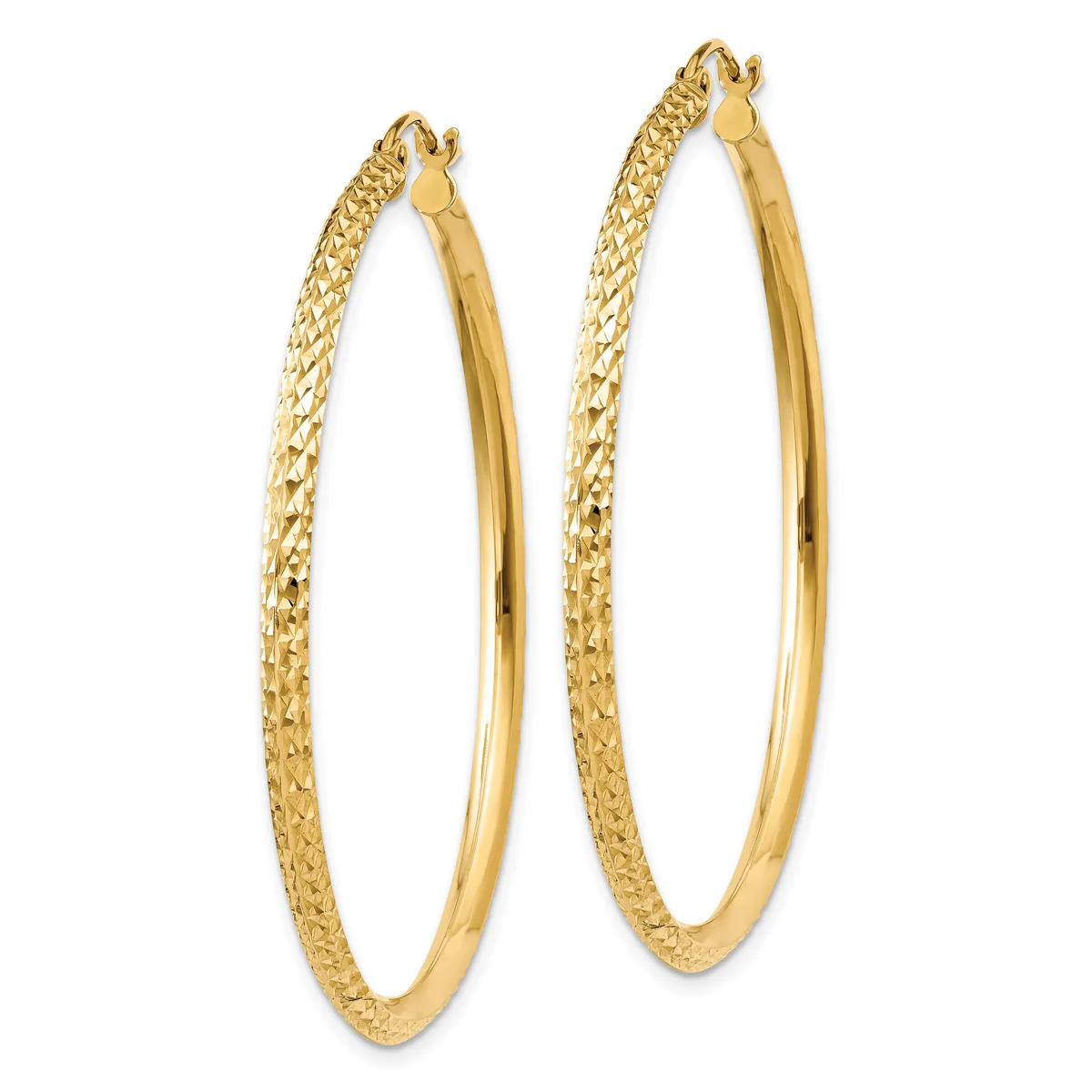A pair of gold hoop earrings with textured outer surfaces and polished inner surfaces, displayed side by side against a white background.